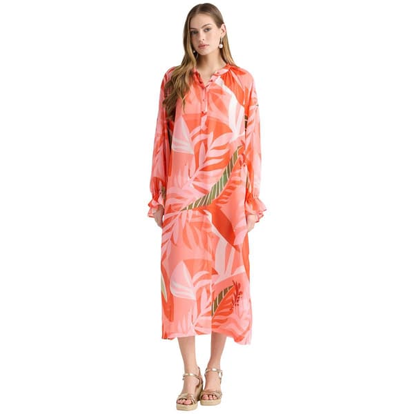 Womens NVLT Long Sleeve V Neck Tropical Cover Up Dress