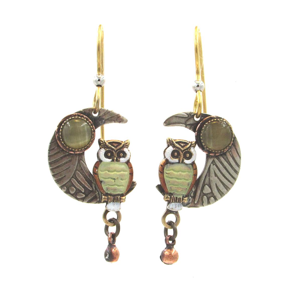 Silver Forest Tri-Tone Owl on Crescent Moon Earrings