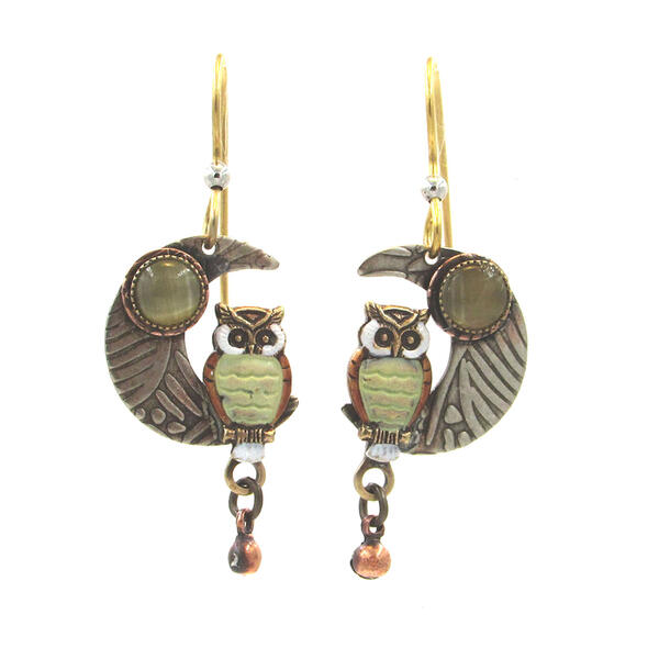 Silver Forest Tri-Tone Owl on  Crescent Moon Earrings - image 