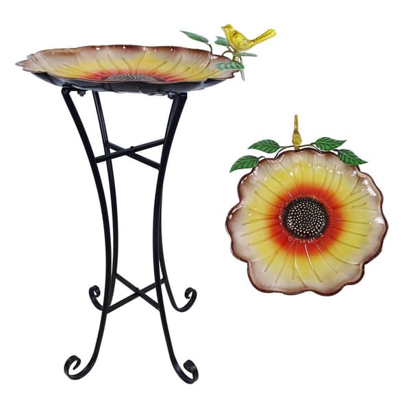 Alpine Metal Bird & Sunflower Daisy Birdbath w/ Stand - image 