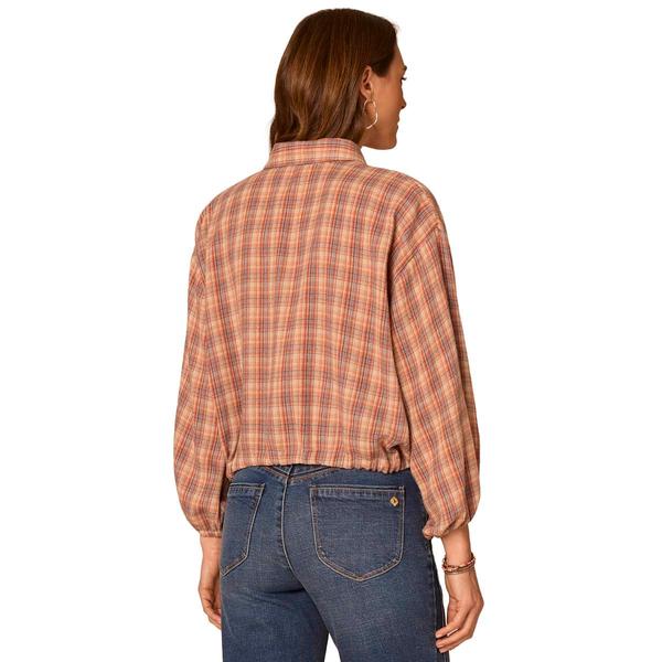Womens Democracy 3/4 Blouson Sleeve Ruffle Front Plaid Blouse