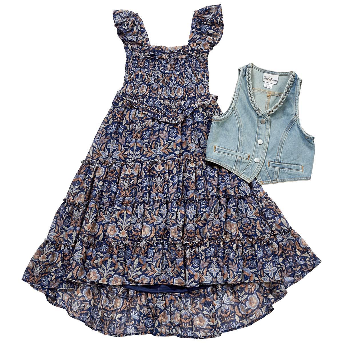 Girls (7-16) Rare Editions Lurex Chiffon Dress w/ Denim Vest