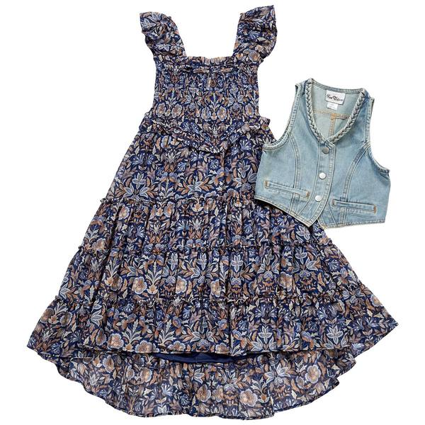 Girls (7-16) Rare Editions Lurex Chiffon Dress w/ Denim Vest