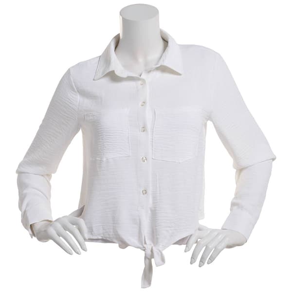 Juniors No Comment Long Sleeve Tie Front Button Up Blouse
