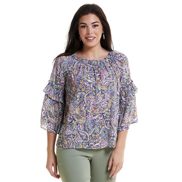 Womens Zac & Rachel 3/4 Ruffle Sleeve Paisley Blouse-Navy/Sugar - image 