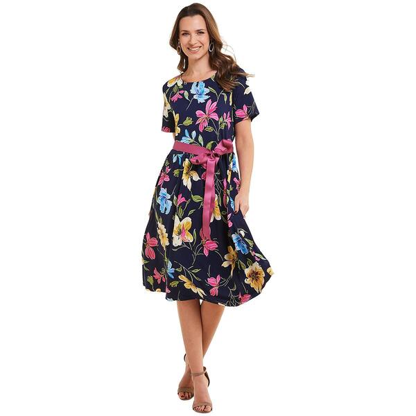 Plus Size Ellen Weaver Floral A-Line Ribbon Belt Dress - Navy - image 