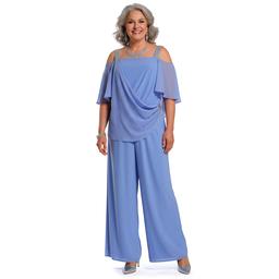 Plus Size MSK Solid Capelet Overlay Rhinestone Trim Jumpsuit