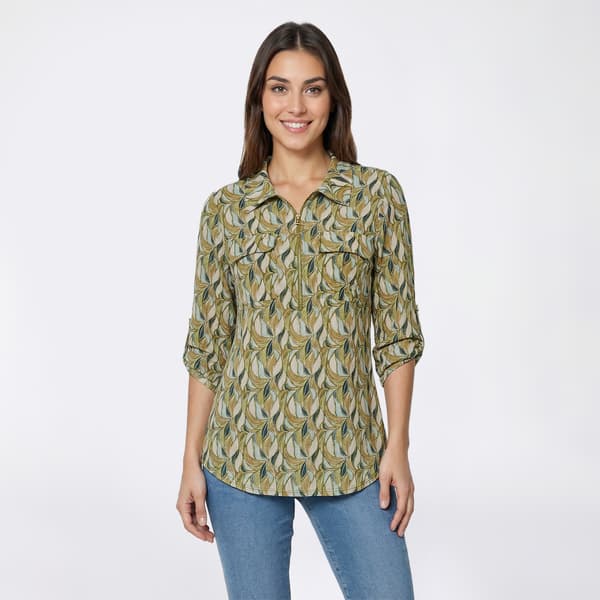 Womens Notations 3/4 Sleeve 2-Pocket Zip Abstract Jacquard Blouse - image 