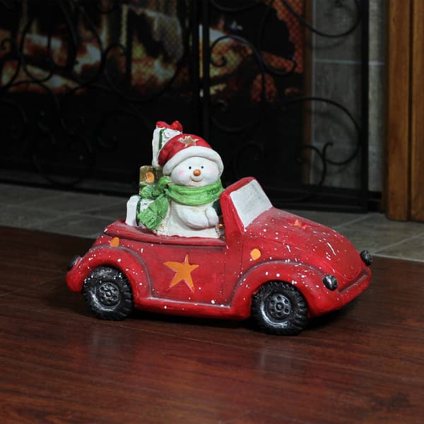 Northlight LED Joyful Snowman Driving a Red Beetle Star Car