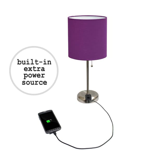 LimeLights Brush Steel Lamp w/Charge Outlet/Purple Shade-Set of 2