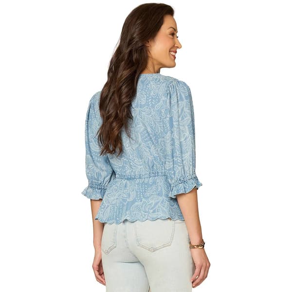 Petite Democracy Elbow Sleeve V Neck Scallop Edge Blouse