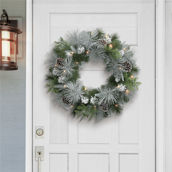Puleo International Pre-Lit Flocked Wreath with Pinecones