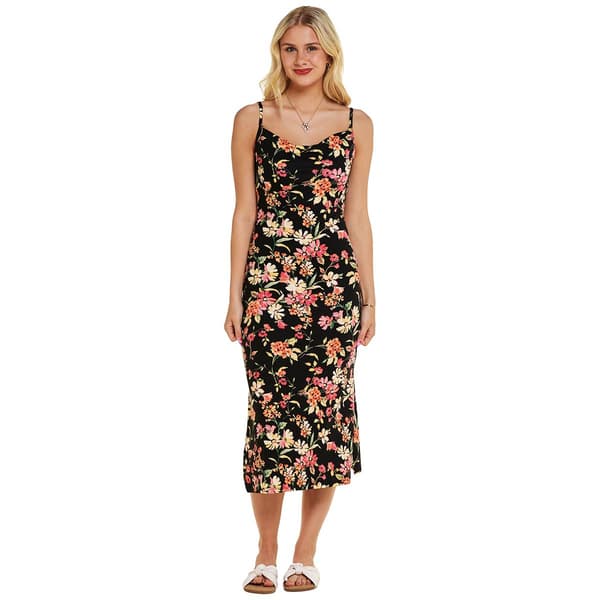 Juniors Wallflower Drape Neck Colorful Floral Midi Slip Dress - image 