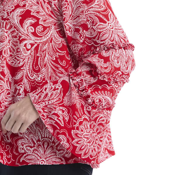Plus Size Rafaella® Long Bell Sleeve Paisley Tie Neck Blouse