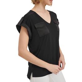 Womens Calvin Klein Short Sleeve Tab Shoulder V-Neck Satin Blouse