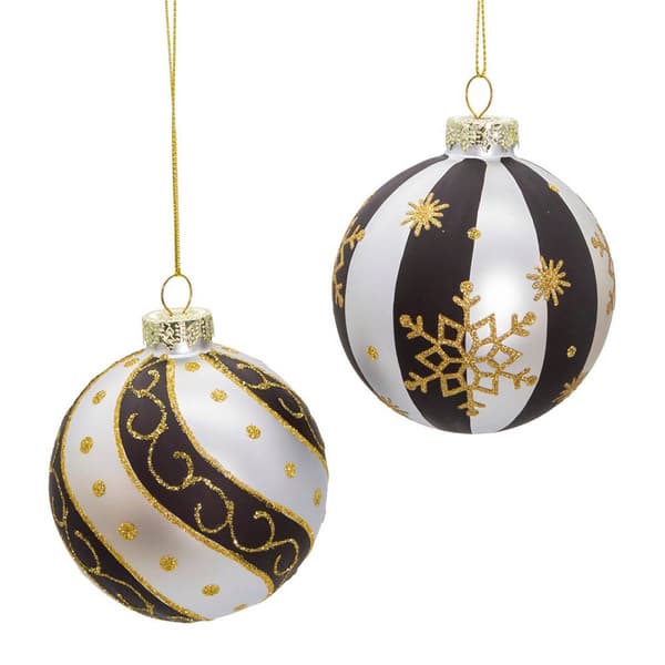 Kurt Adler 80 MM 6pc. Silver/Black/Gold Glass Balls Set