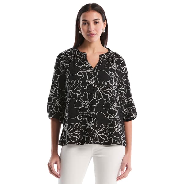 Petite Rafaella® 3/4 Sleeve Floral Embroidery Blouse