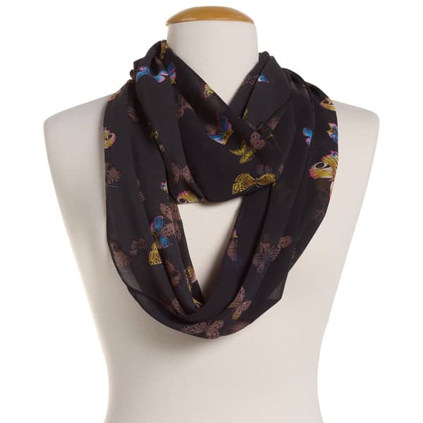 Womens Renshun Butterfly Pearl Silky Infinity Scarf - Black