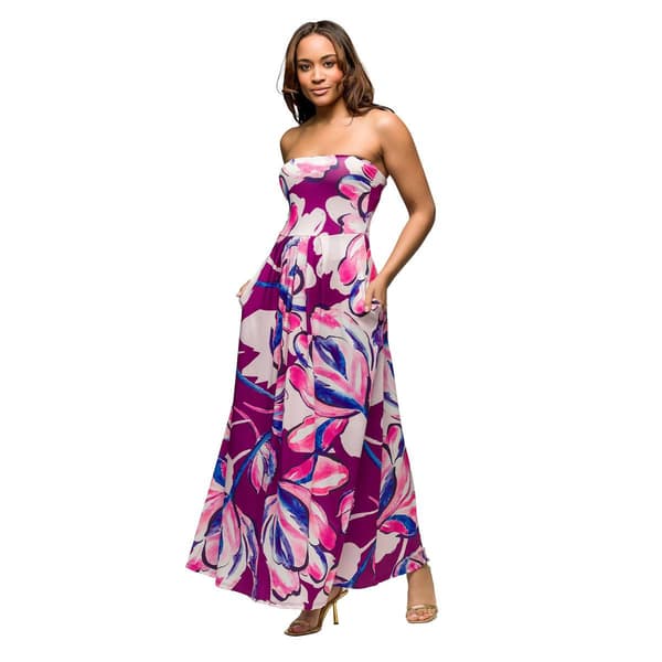 Womens 24/7 Comfort Apparel Purple Floral Strapless Maxi Dress