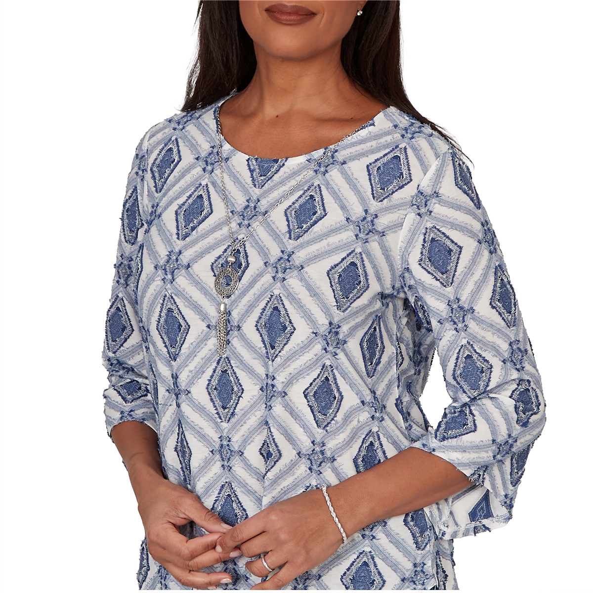 Womens Alfred Dunner Indigo Girls 3/4 Sleeve Diamond Blouse