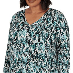 Plus Size Emaline Key Items Long Sleeve V-Neck Abstract Blouse