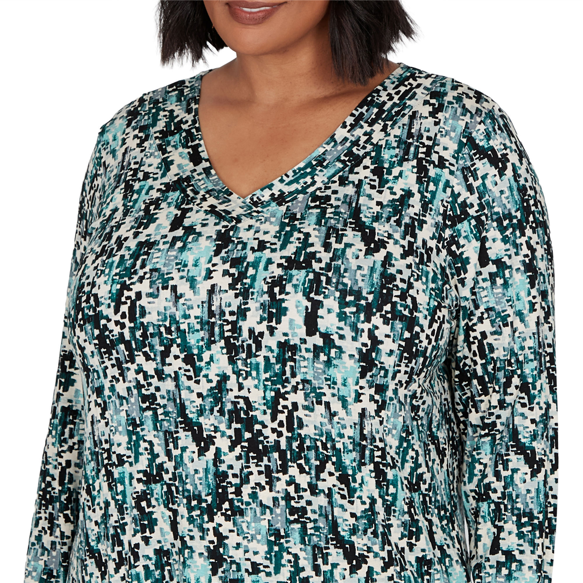 Plus Size Emaline Key Items Long Sleeve V-Neck Abstract Blouse