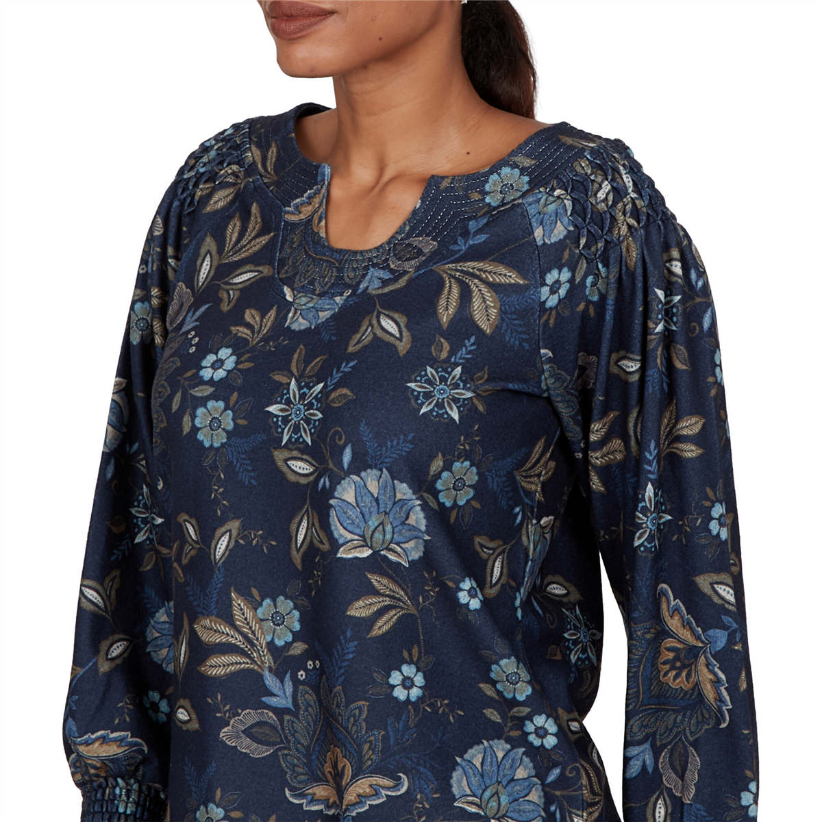Petite Ruby Rd. Mythical Smocked Horseshoe Neck Floral Blouse