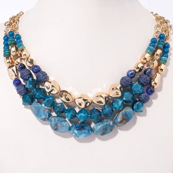 Ashley Cooper&#40;tm&#41; 3 Row Shiny Gold Blue & Teal Beaded Necklace - image 