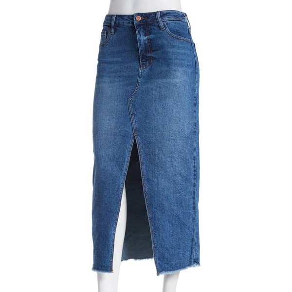 Juniors Celebrity Pink Frayed Notch Slit Maxi Denim Skirt