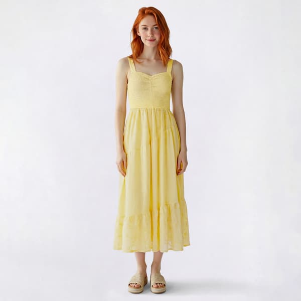Juniors No Comment Eyelet Smock Bodice Mix Tiered Midi Dress