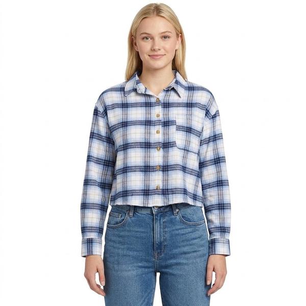 Juniors No Comment Cropped Plaid Flannel Shirt- Blue