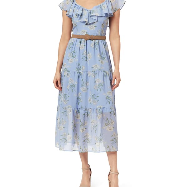 Juniors Wallflower Petunia Clip Dot Belted Ruffle Neck Maxi Dress - image 