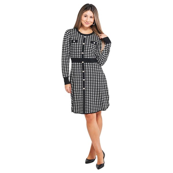 Womens Sharagano Long Sleeve Button Trim Check Sweater Dress - image 