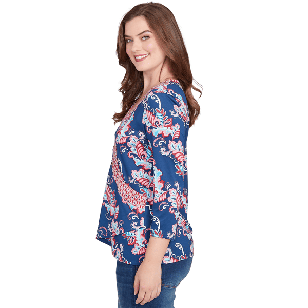 Womens Ruby Rd. Indigo Go Ikat Floral Surplice Neck Blouse