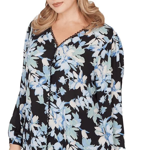 Plus Size Emaline Seabreeze Essence Button Front Floral Blouse