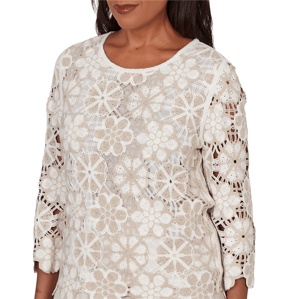 Womens Alfred Dunner Natural Wonder Floral Crochet Blouse