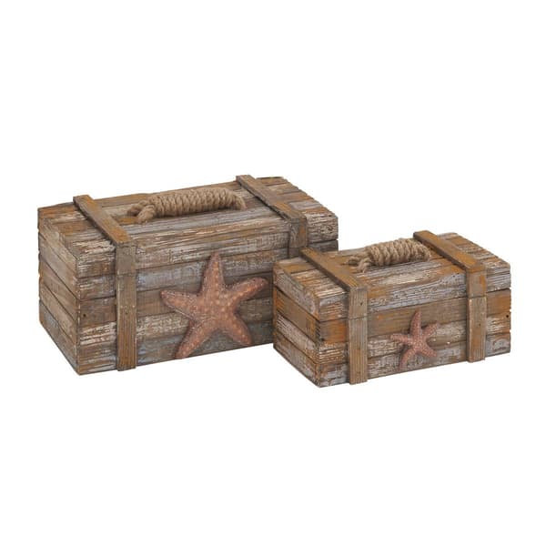 9th &amp; Pike® Brown Wood Coastal Boxes With Lids - Set Of 2