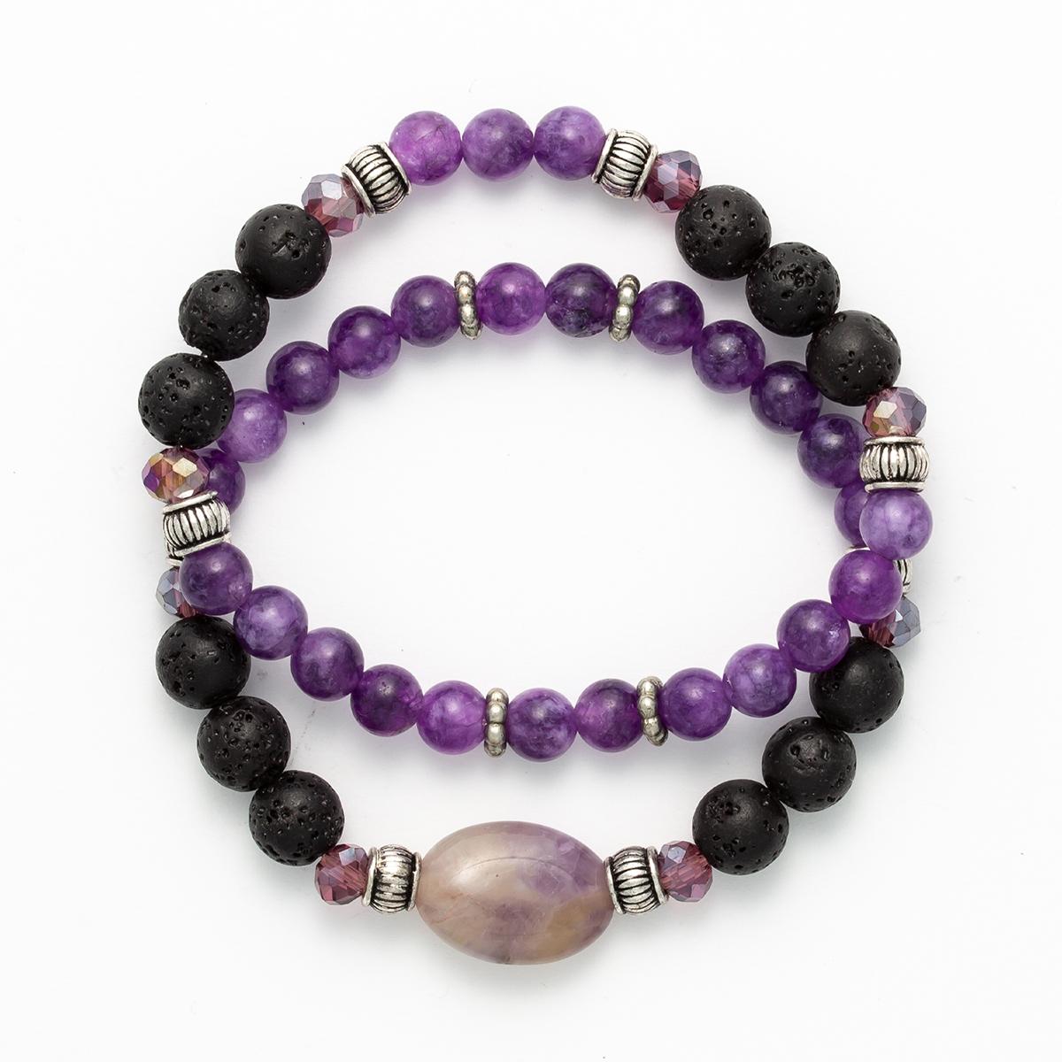 Amethyst & Black Lava Beaded 2pc. Stretch Bracelet Set
