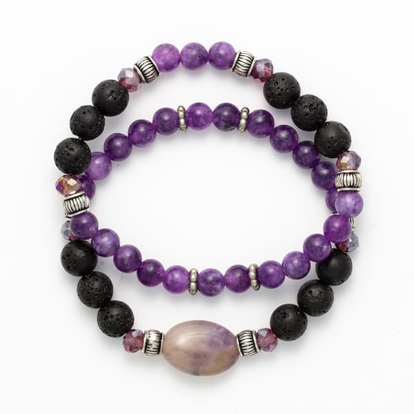 Amethyst & Black Lava Beaded 2pc. Stretch Bracelet Set - image 