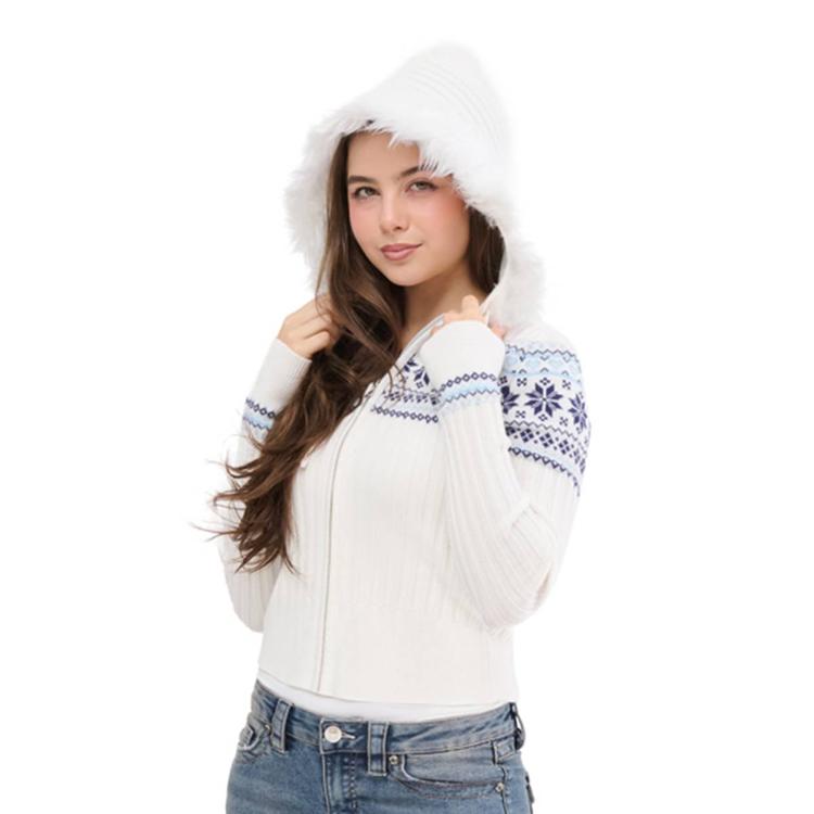 Juniors Madden Girl Fair Isle Fur Trim Hood Zip Up