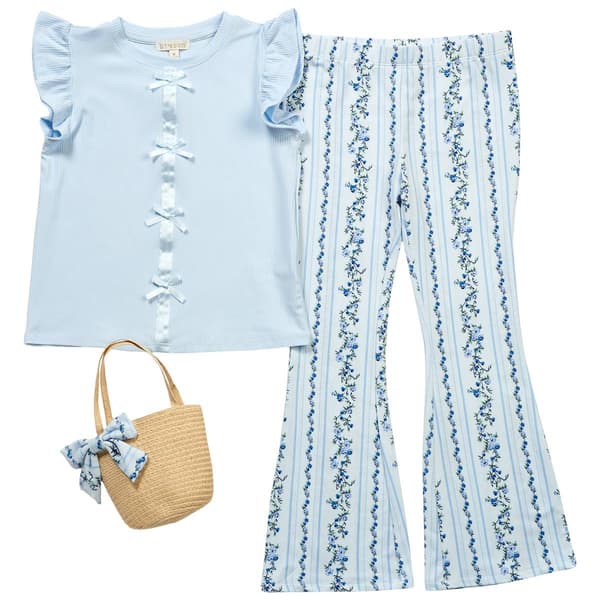 Girls (4-6x) BTween(R) Bow Front Ruffled Top Floral Pant Set - image 