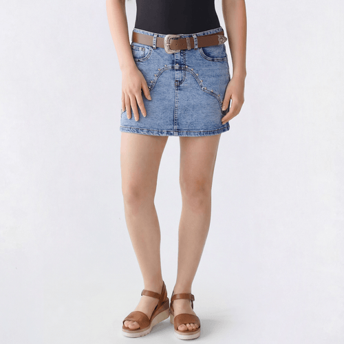 Juniors No Comment Western Denim Skirt With Dome Studs