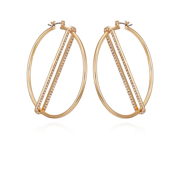 Guess Gold-Tone Crystal Diagonal Bar Large Hoop Earrings - image 