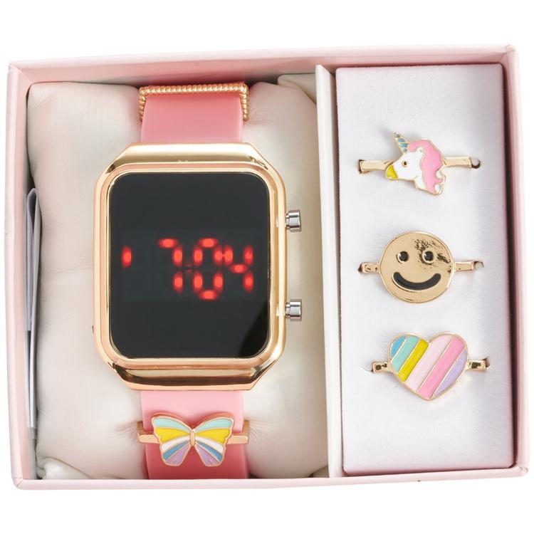 Kids Gold-Tone Digital Watch w/ Interchangeable Charms-AWS343A