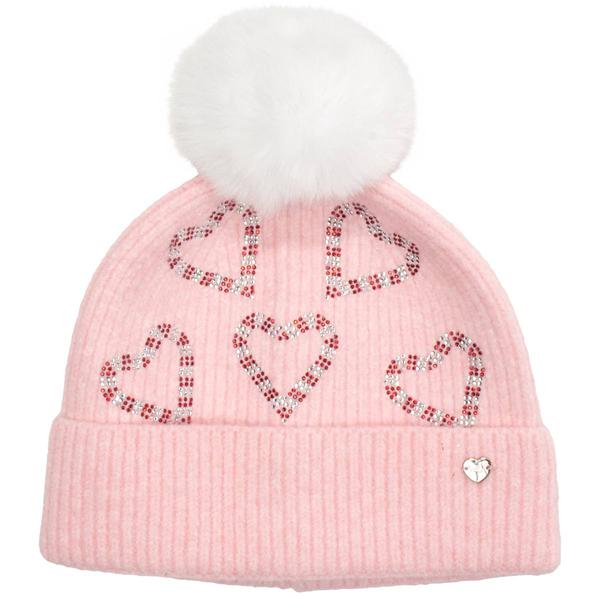 Womens Betsey Johnson Candy Cane Hearts Pom Beanie - image 