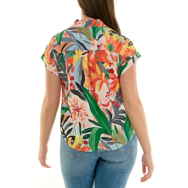Womens Zac & Rachel Cap Sleeve Leaf Button Front Blouse