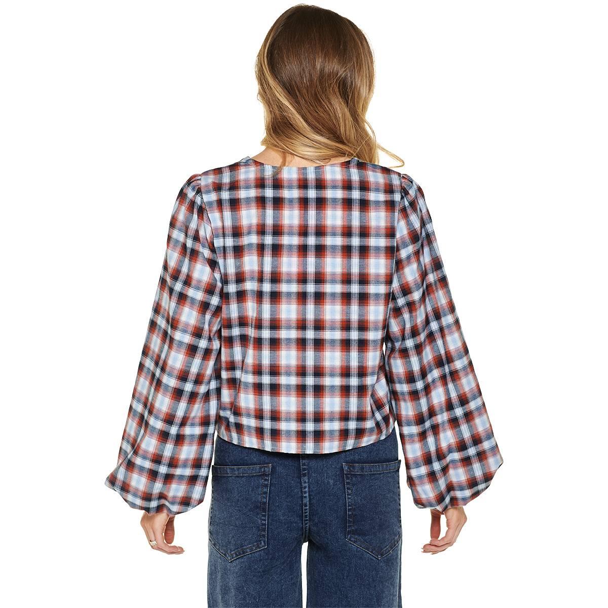 Womens Times Two Maternity Plaid Balloon Sleeve Bow Front Blouse