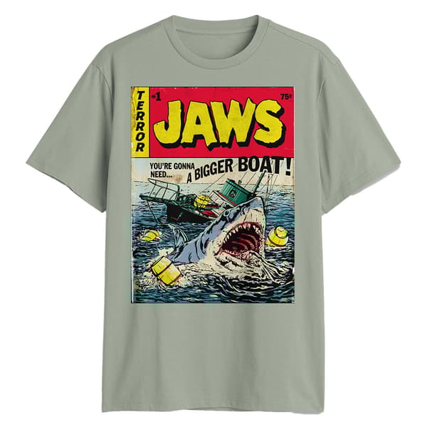 Young Mens Jaws Comic Book Cover Graphic Short Sleeve Tee - image 