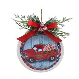 Metal Disc Ornament w/ Red Truck with Pigs