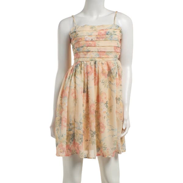 Juniors Wallflower Floral Chifffon Pleat Bodice Skater Dress
